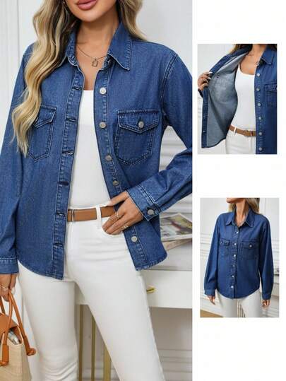 EMERY ROSE חולצת ג'ינס עם שרוולים ארוכים בצבע אחיד לנשים