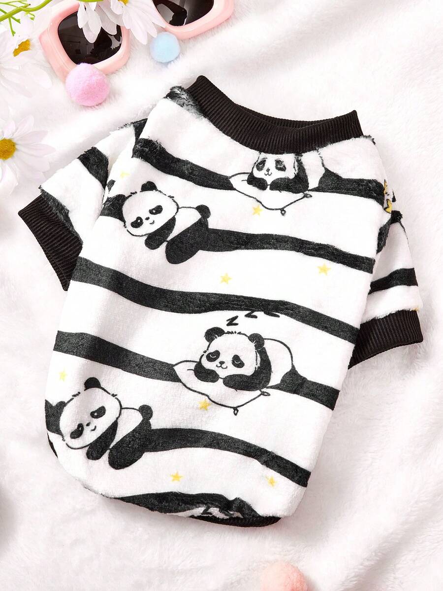 PETSIN 1 Bộ quần áo thú cưng bằng vải flannel in họa tiết sọc đen trắng hình gấu trúc nhỏ dễ thương, dày dặn ấm áp cho mùa thu đông. - Nhiều màu - Xem 1