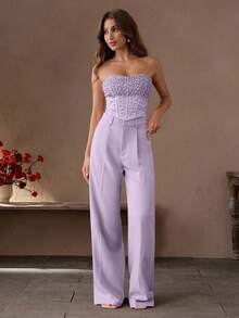 Anewsta Áo crop top bodycon đính cườm thanh lịch, sang trọng và sành điệu, thích hợp cho năm mới, Giáng sinh, đi chơi, mùa đông - Màu tím - Xem 5