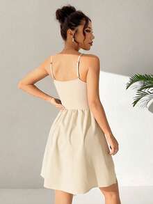 SHEIN EZwear 女士夏季休闲通勤拼接腰带短裙 - 杏色 - 查看 2