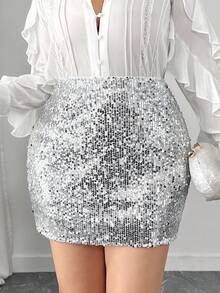 Dazy Plus Chân váy ngắn ôm sát co giãn đính sequin, cỡ lớn, thích hợp cho tiệc tùng, lễ hội mùa xuân/hè. - Bạc - Xem 5