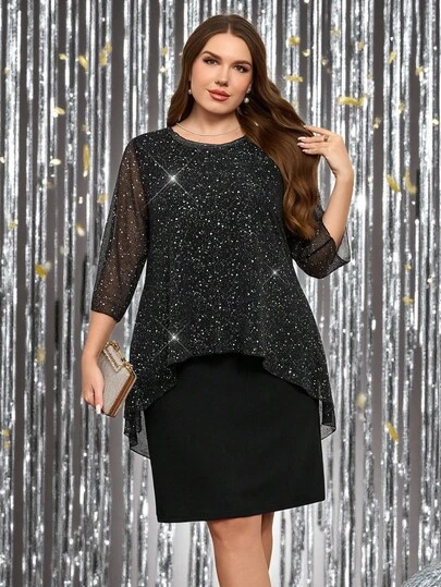 Miaspire Plusstorlek rund halsringad mesh patchwork 3/4-ärm elegant klänning, lämplig för vår och höst, utflyktskläder, 2025 nya kläder, enkla och moderiktiga för vardagsbruk, plusstorlek vinterkläder, bekväma och andningsbara, juloutfit för kvinnor, nyårskläder, lämplig för flera tillfällen, jul, dejtkvällskläder kvinnor, thanksgiving-outfit för kvinnor, lämplig för alla hjärtans dag