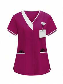TaskEZ 2pcs White & Rose Red Splice Casual V-Neck Short Sleeve Top And Pants Uniform Set, Cleaning Service Uniform Set - Hot Pink - View 5