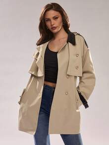 Glamine Contrast Color Decor Vintage Casual Daily Wear Women Trench Coat Work - Khaki - View 2