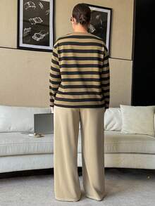 Dazy Plus 2pcs/Set Casual Striped Loose Fit Crew Neck Long Sleeve Top And Straight Leg Pants Pajama Set, Plus Size Women, Spring/Autumn - Green - View 2