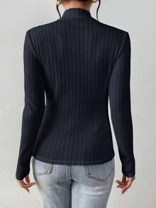 SHEIN Frenchy Camiseta de base de manga larga ajustada con cuello de tortuga acanalado de 92% algodón azul marino para mujer - Azul Marino - Ver 2