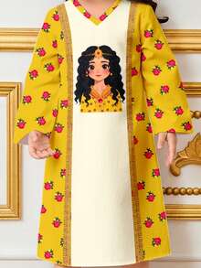 SHEIN Cute Cartoon Girl Red Rose Print Pattern Young Girl Casual Dress, Suitable For Spring And Summer - Multicolor - View 6