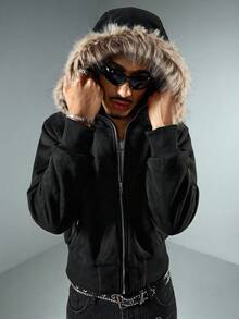 ROMWE MEN Street Life 男士抓绒领开衫外套 - 黑色 - 查看 5