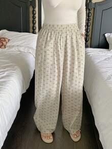 Dazy Plus 时尚优雅碎花印花宽松直筒睡裤，家居服下装 - 杏色 - 查看 10