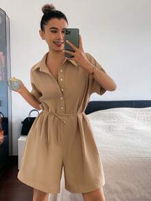 DAZY 女士极简半开襟衬衫式短款连体裤家居服