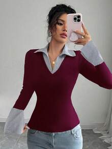 SHEIN Raffinéa 条纹印花撞色女士简约V领Polo衫，弹力底修身，适合休闲、俱乐部、商务、音乐会、办公室等场合，尽显老钱风范。采用高弹超柔软舒适亲肤罗纹针织面料，打造修身包臀造型，日常穿着性感休闲，适合派对、街头、度假、旅行、约会等各种场合，春夏秋冬新款钟形长袖T恤。 - 酒紅色 - 查看 4