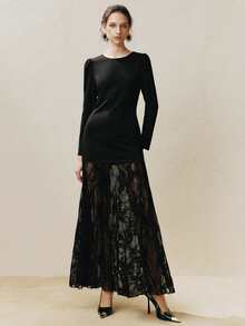 Arave Women's Elegant Lace Patchwork Long Dress, Casual Commuter Mature Style, Spring/Autumn New Year - Black - View 4