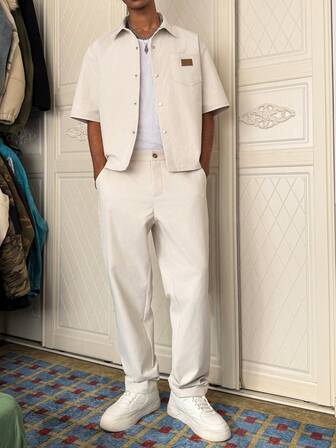 Manfinity Roghcode Men's Casual Street Style Short Sleeve Shirt And Pants Set, Autumn Cream Outfit Men Co Ord Men Car Linen Two Piece Set Men Coord Set Men Mens White Pants Set Streetwear