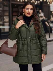 SHEIN LUNE Manteau d'hiver en polaire à capuche avec cordon de serrage à la taille et poches, grande taille. Manteau d'hiver pour femmes, idéal pour Noël. Manteau long pour femmes. Manteau femme vert olive. Vêtement d'extérieur femme chaud et coupe-vent, confortable et polyvalent.