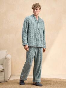 EverLounge 男士复古英伦绅士冬季提花羊毛绿色绒面复古开衫长袖套装及长裤休闲家居服 - 綠色 - 查看 4