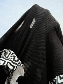 Firerie Kids Tween Girls Black Contrast Print Ruffle Hem Knit A-Line Dress, Waist Cinched, Princess Style, Casual & Fashionable For Daily Wear