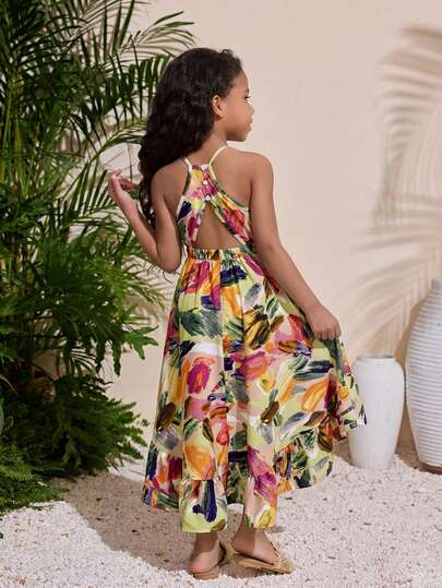 Young Girl Elegant Minimalist Halter Floral Print Sleeveless Dress