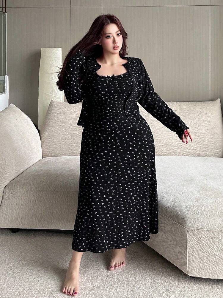 Dazy Plus Plus Size Women Ditsy Floral Sleeveless Maxi Dress & Open Front Cardigan Loungewear Set