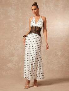 Lumalex 优雅波点蕾丝拼接V领无袖中长连衣裙（女款） - 杏色 - 查看 4