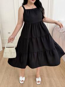 CovetEZ Vestido informal de talla grande de línea A sin mangas de color liso minimalista para primavera/verano - Negro - Ver 1