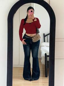 Vibekara 大码休闲纯色蕾丝边短款T恤，黑色长袖上衣 - 酒紅色 - 查看 5