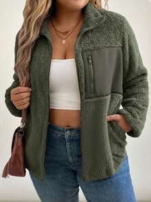SHEIN LUNE Plus Size Casual Reversible Fleece Patchwork Jacket For Winter Winter Clothes - Army Green - View 6