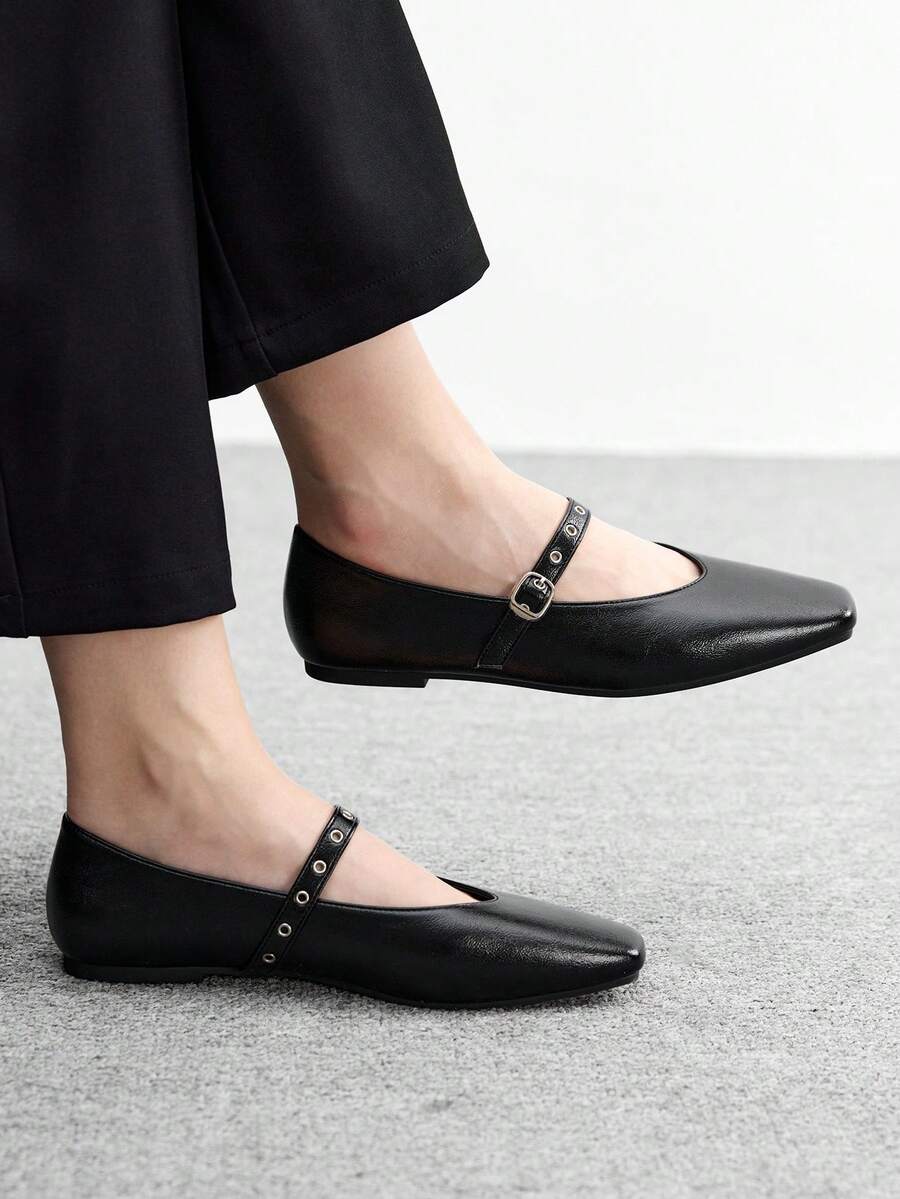 CUCCOO BIZCHIC 女士方头平底巧克力色金属扣套脚平底鞋,舒适休闲玛丽珍鞋,适合搭配连衣裙 - 黑色 - 查看 1