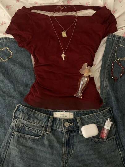 Glimmora 女士时尚褶皱酒红色二合一T恤