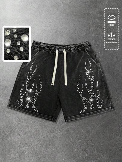 Street Life Pantalones cortos casuales con decoración de rhinestones para hombres