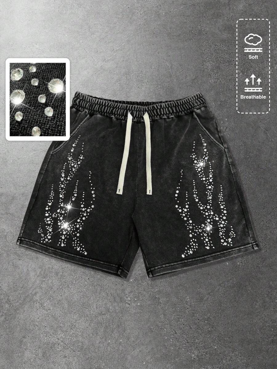 ROMWE MEN Street Life Pantalones cortos casuales con decoración de rhinestones para hombres - Negro - Ver 1