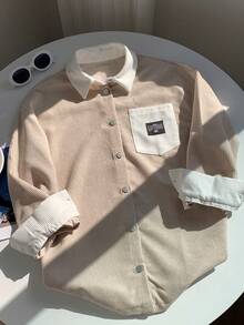 SHEIN EZwear Veste chemise élégante et charmante en velours côtelé à manches longues avec poches, pour l'automne/l'hiver - Kaki - Voir 5