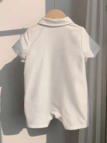 SHEIN Cute Cartoon Dinosaur Pattern Lapel Short Sleeve Romper Shorts, Casual & Versatile For Baby Boys & Girls, Spring/Summer - Blue and White - View 6