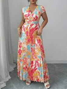 Elenzga Đầm ngắn tay cổ chữ V họa tiết hoa thanh lịch dành cho nữ cỡ lớn, thích hợp cho mùa xuân/hè. - Nhiều màu - Xem 6