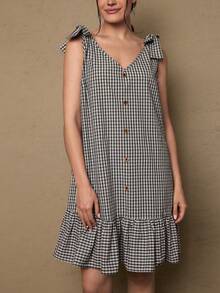 SHEIN VCAY Plus Size Women Plaid Bow Shoulder Decor Button Design Sleeveless Dress - Black and White - View 6