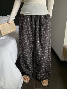 Dazy Plus 碎花图案松紧腰抽绳宽松直筒睡裤 - 黑色 - 查看 7