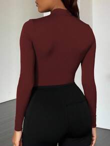 INAWLY Tricou cu mânecă lungă, croială slim, culoare solidă, mărime plus, pentru femei - Burgundia - Vizualizare 2