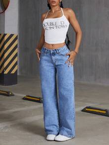 SHEIN ICON Pantalones de mezclilla rectos lavados con bordado de lazo y bolsillos para mujer - Azul lavado medio - Ver 3