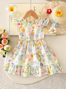 SHEIN Playful Pals Baby Mädchen Mode Blumen Muster Rückenausschnitt Schleife Design Kleid, geeignet für stilvolle Urlaubsoutfits - Verschiedenfarbig - Übersicht 7