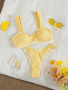 Swim Mod Bộ đồ bơi nữ mùa hè thanh lịch, giản dị, lãng mạn, cơ bản, đa năng, tươi mới, màu trơn, chất liệu vải dệt kim xếp ly, dây đeo vai mảnh, phần ngực xếp ly, trang trí ren rỗng, áo bơi hai mảnh kết hợp với quần bơi cạp cao, kiểu dáng ôm sát, tôn dáng, thích hợp cho bãi biển, bờ biển, kỳ nghỉ xuân, mùa tựu trường, lễ hội Oktoberfest, lễ hội âm nhạc, kỳ nghỉ, chương trình khuyến mãi mùa xuân, bãi biển, kỳ nghỉ hồ bơi, bikini màu vàng chanh, bikini màu vàng chanh. Bikini có họa tiết. - Màu vàng - Xem 2