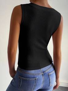 DAZY Women's V-Neck Textured Fabric Fitted Casual Tank Top, Sexy & Comfortable For Summer Y2k - Black - View 6