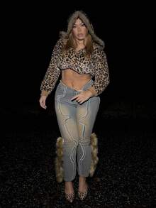 MelDlgn Jeans de mezclilla con parches de peluche decorativos de estilo vintage para tallas grandes