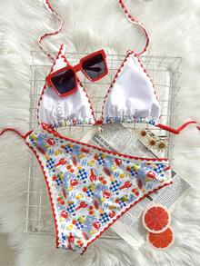 Swim Vcay Women's 2-Piece Bikini Swimsuit, Halter Neck Tie, Floral Print, Fashionable Casual Vacation Swimming Outfit - Multicolor - View 3