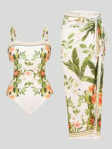 Swim Oasis 2件套女士秋季新款定位印花可拆卸宽肩带连体泳衣，带网纱裙摆，性感优雅度假风简约派对圣诞连体泳衣 - 彩色 - 查看 3