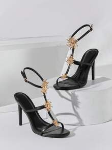 SHUZIA Sandalias de tacón alto con correa de tobillo de color negro, decoradas con adornos dorados, puntera abierta en forma de almendra, elegantes para primavera y verano, ideales para vacaciones - Negro - Ver 4