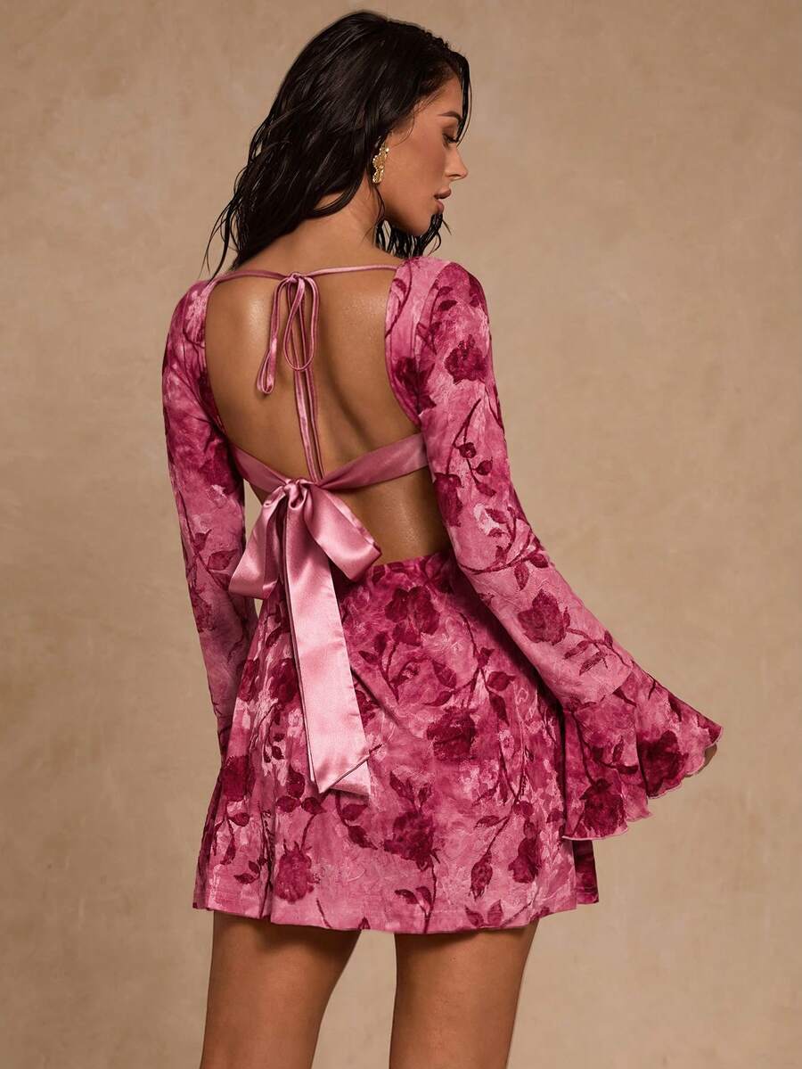 Glamine Đầm ngắn hở lưng in hoa hồng nhuộm tie-dye lãng mạn mùa xuân, kiểu dáng chữ A thanh lịch màu hồng, có dây buộc điều chỉnh được, tay áo xòe, thắt eo ôm sát, phù hợp cho mặc hàng ngày, dự tiệc, đi biển hoặc các dịp nghỉ lễ. - Màu Hồng baby - Xem 1
