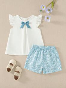 Souflis Souflis Französischer Landhausstil Mädchen 2-teiliges Set, Kontrast Schleife Dekor Weste + Blumen Shorts, süß lässig frisch für Frühling/Sommer - Blau - Übersicht 2