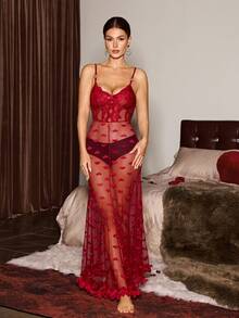 SHEIN Nuisette femme sexy en dentelle 3D à fleurs, patchwork en forme de cœur et tulle