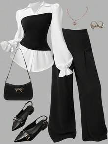 SHEIN Girlism Teen Girls 2pcs/Set Knitted Color Contrast Collared 2 In 1 Long Sleeve Shirt And Wide-Leg Pants,Black And White,Autumn,Holiday,Back-To-School Outfit - Black and White - View 1