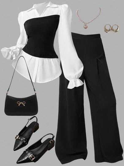 SHEIN Girlism Conjunto de 2 piezas para adolescentes: Camisa de manga larga de 2 en 1 con cuello y pantalones, estilo casual urbano con patchwork y bloques de color