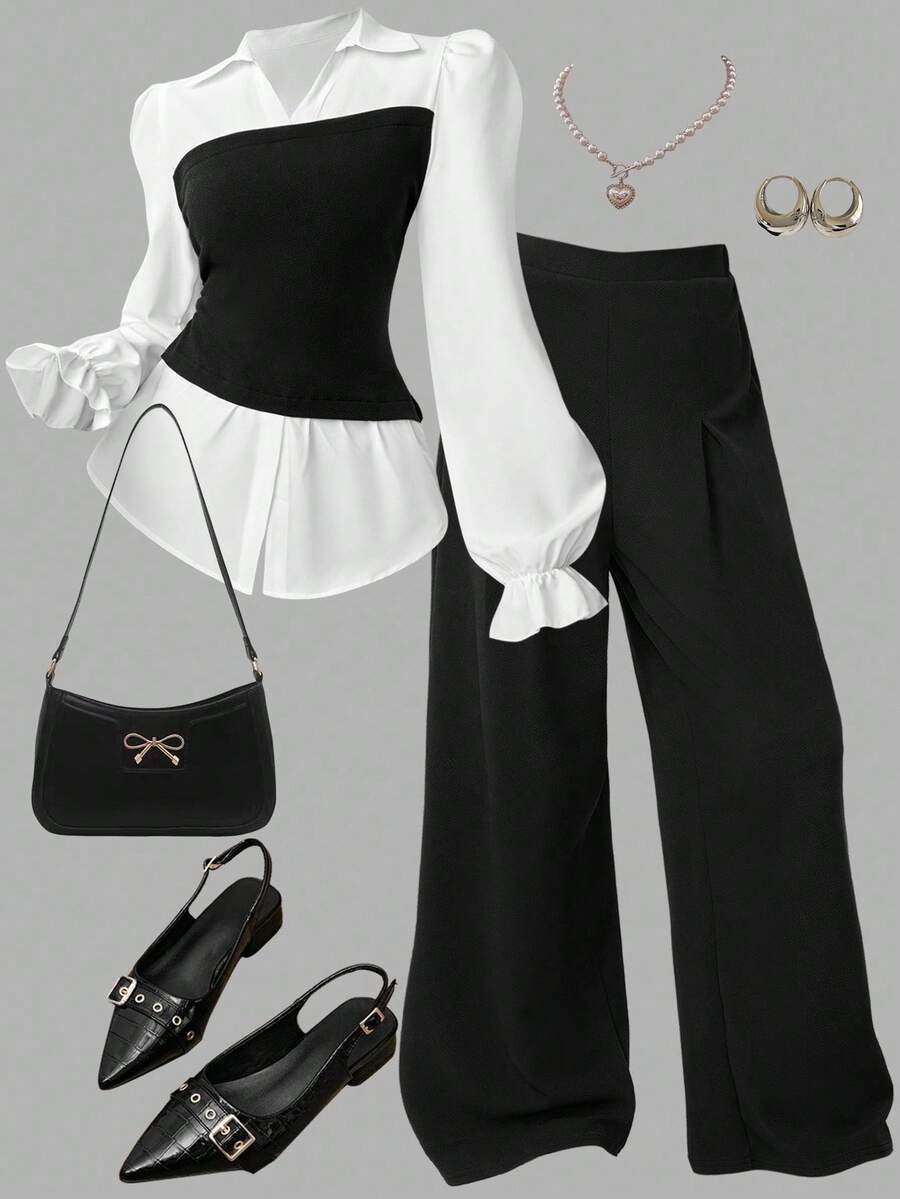 SHEIN Girlism Teen Girls 2pcs/Set Knitted Color Contrast Collared 2 In 1 Long Sleeve Shirt And Wide-Leg Pants,Black And White,Autumn,Holiday,Back-To-School Outfit - Black and White - View 1